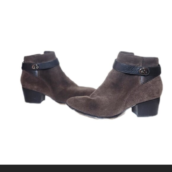Coach Patricia Fatigue Chestnut Suede Ankle Bootie 6 Boots Turn Lock - Picture 5 of 13